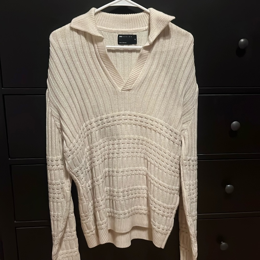 ASOS DESIGN oversized cable knit polo in cream
